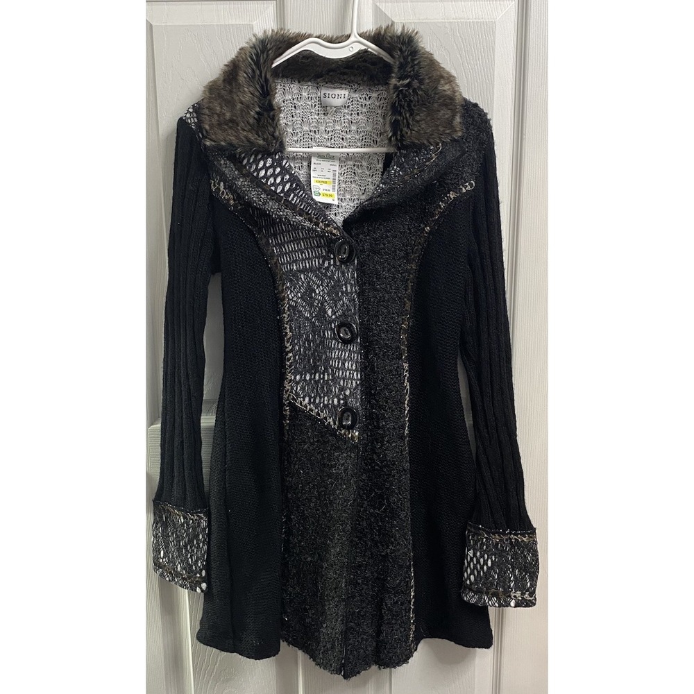 Sioni Women Black&White 35% Wool Long Jacket Faux Fur Cardigan Coat Sweater S
